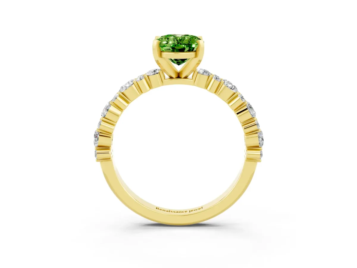 Oval Cut Peridot Side Stone Solitaire Ring with Round and Four-Prong Setting Yellow gold