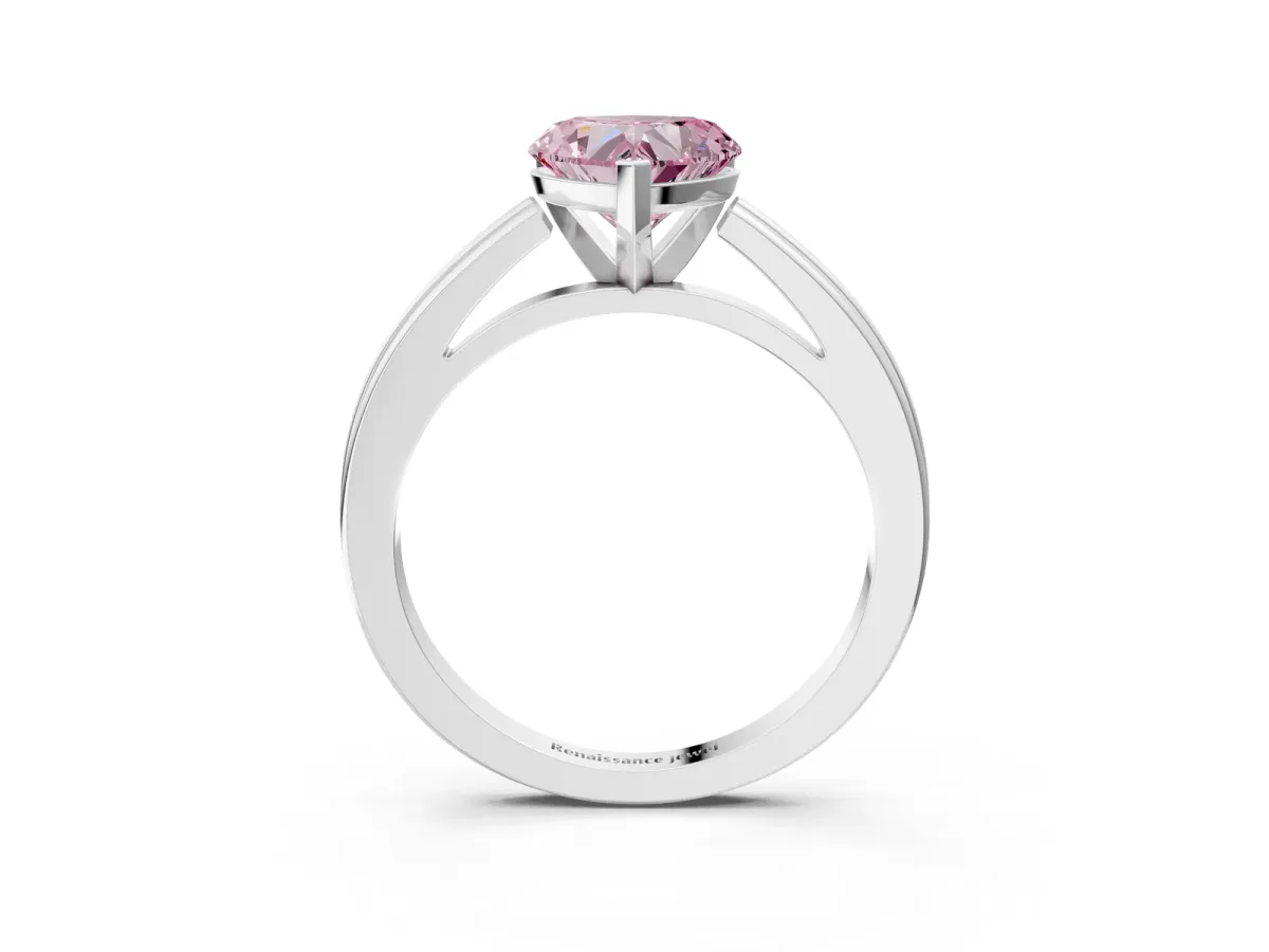Fancy Pink Heart Cut Solitaire Diamond Ring with Four-Prong Setting and Classic Band Platinum
