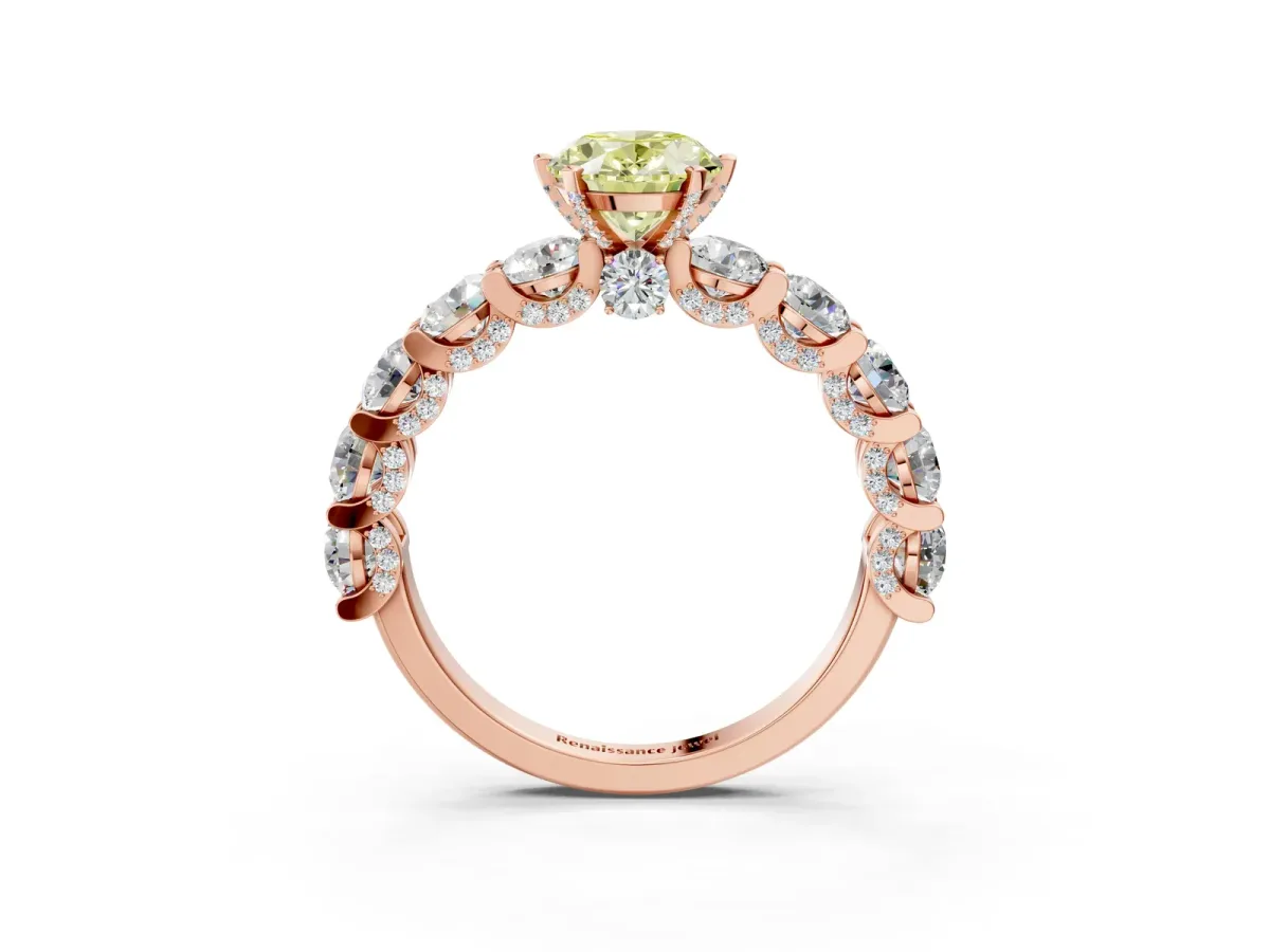 Fancy Yellow Oval Cut Diamond Side Stone Engagement Ring with Four-Prong Setting Rose gold