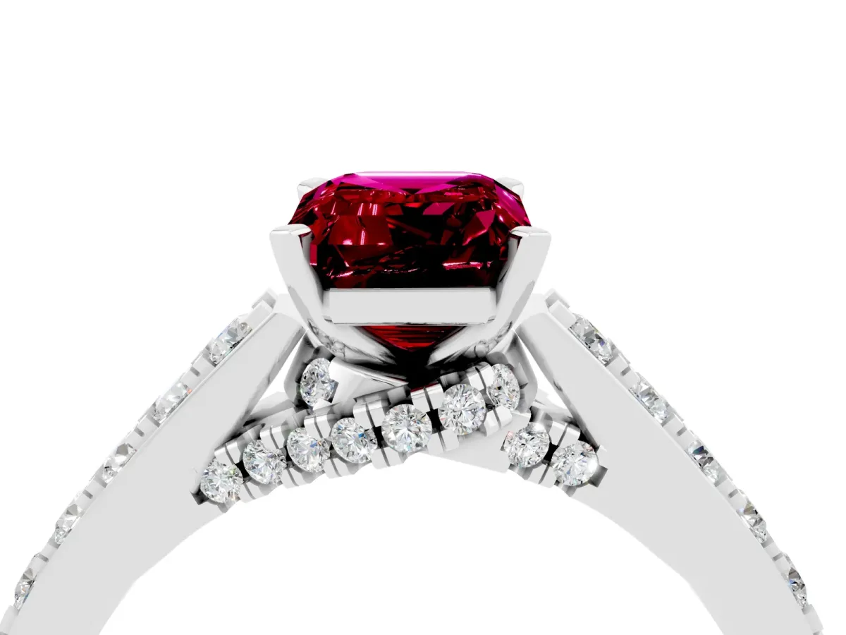 Emerald Cut Garnet Solitaire Ring with Crossover Gallery and Round Pavé Band Silver