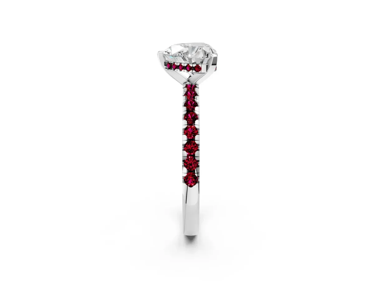 Heart Cut Diamond Solitaire Ring with Round Garnet Pavé Band and Four-Prong Setting Silver