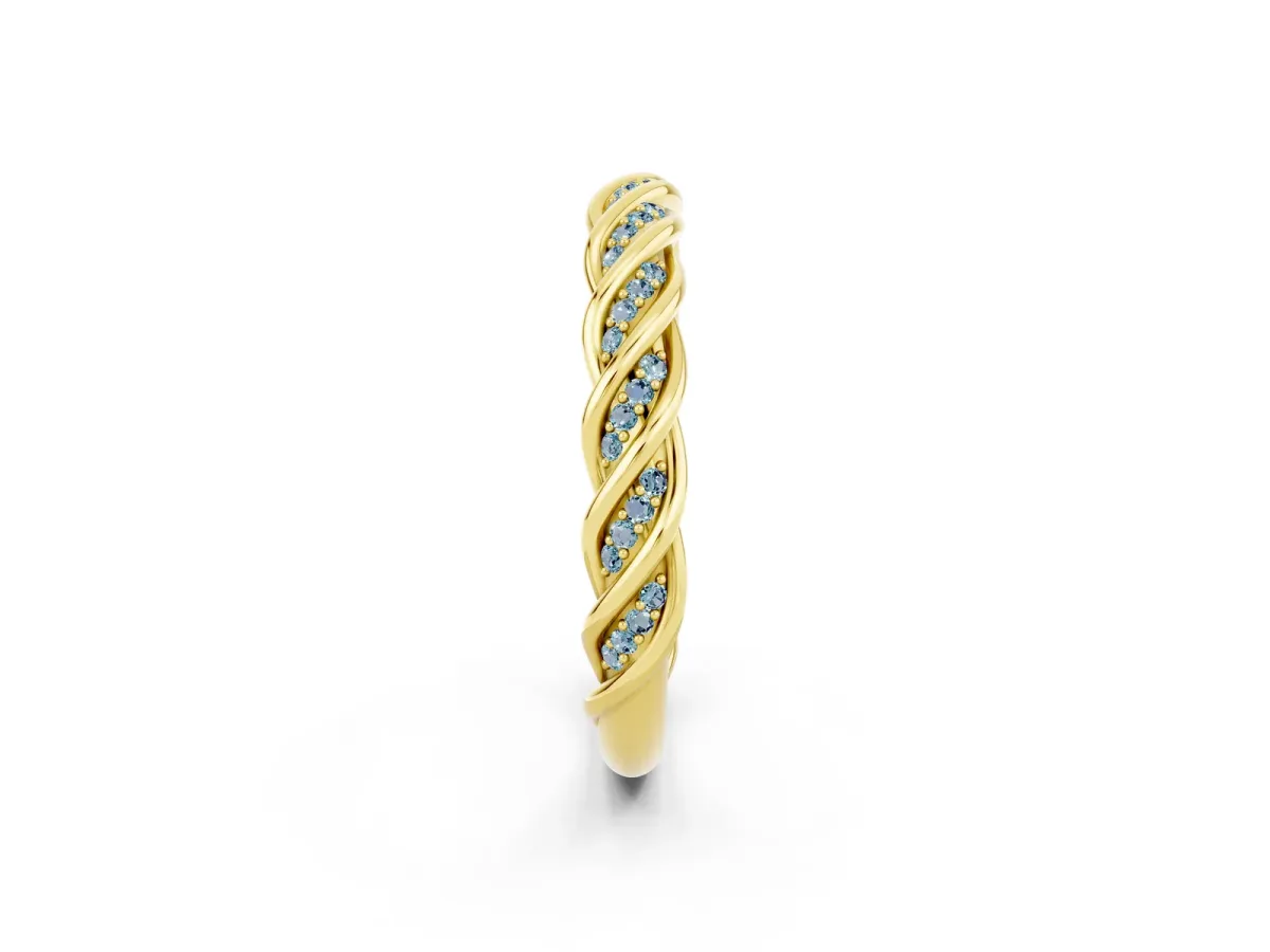 Twisted Pavé Round Aquamarine Eternity Band with Shared Prong Setting Yellow gold