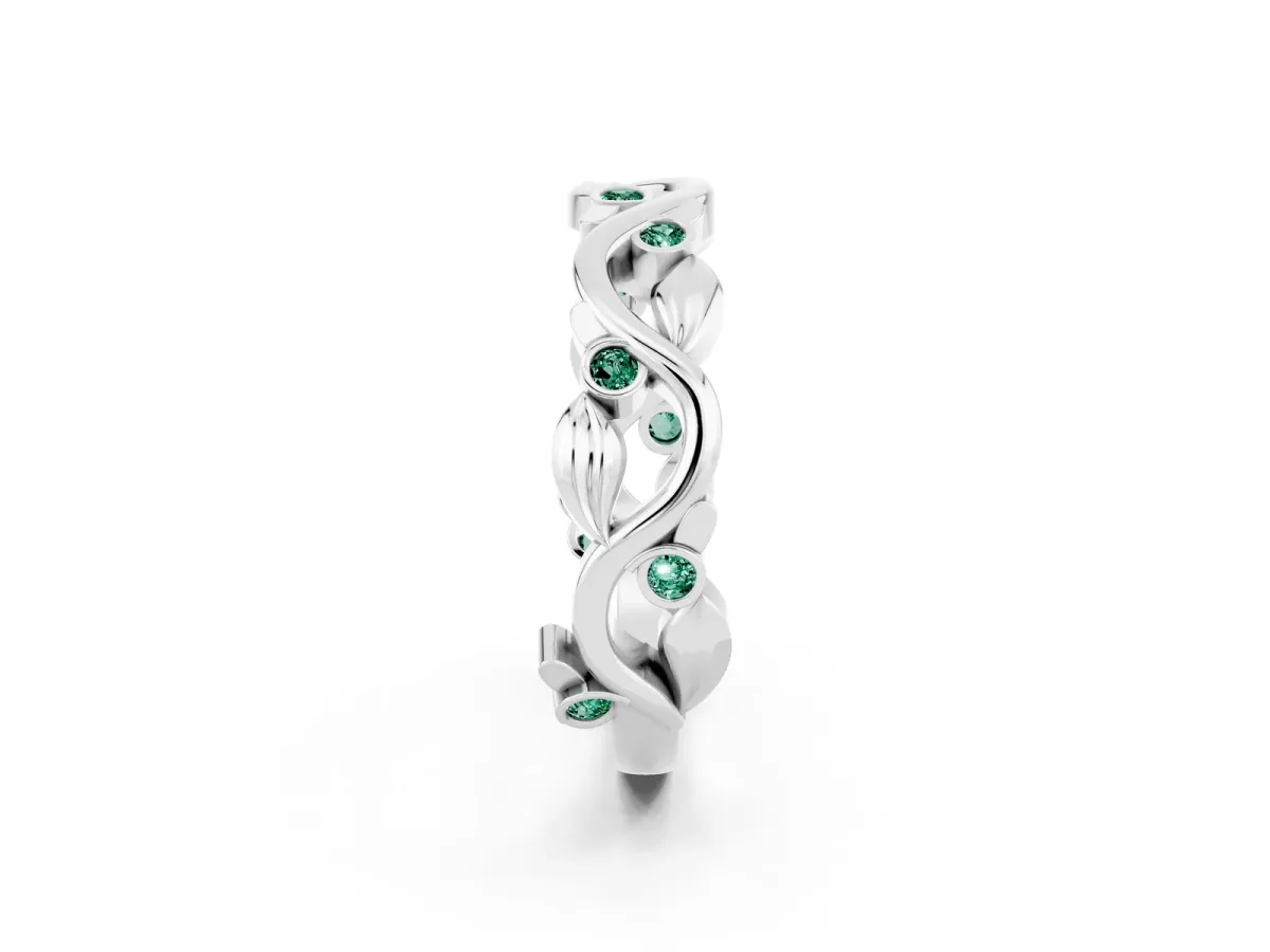 Round Green Sapphire Leaf Eternity Band with Bezel Setting White gold