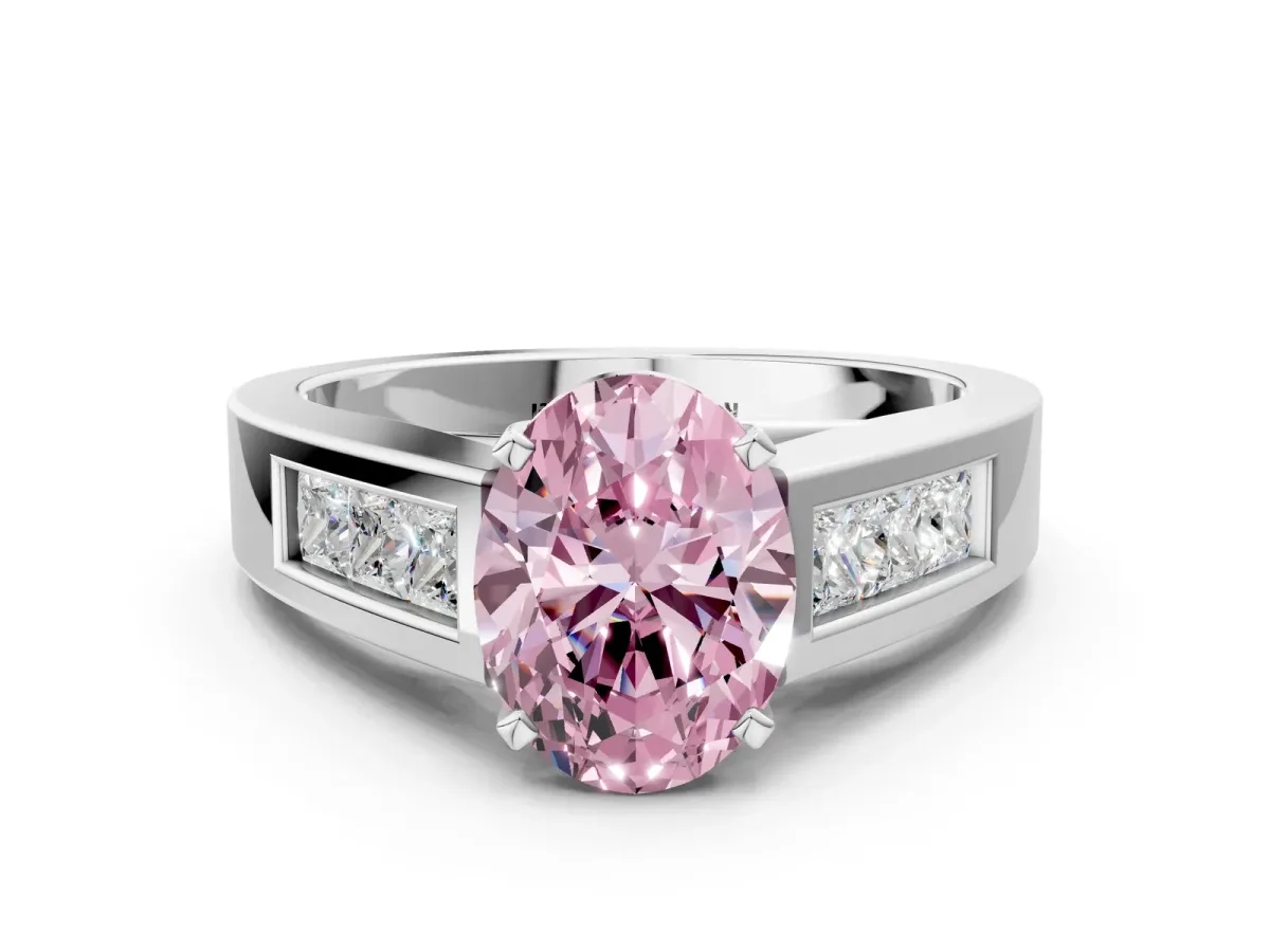 Fancy Pink Oval Cut Cut Channel Set Solitaire Ring with Four-Prong Setting Platinum