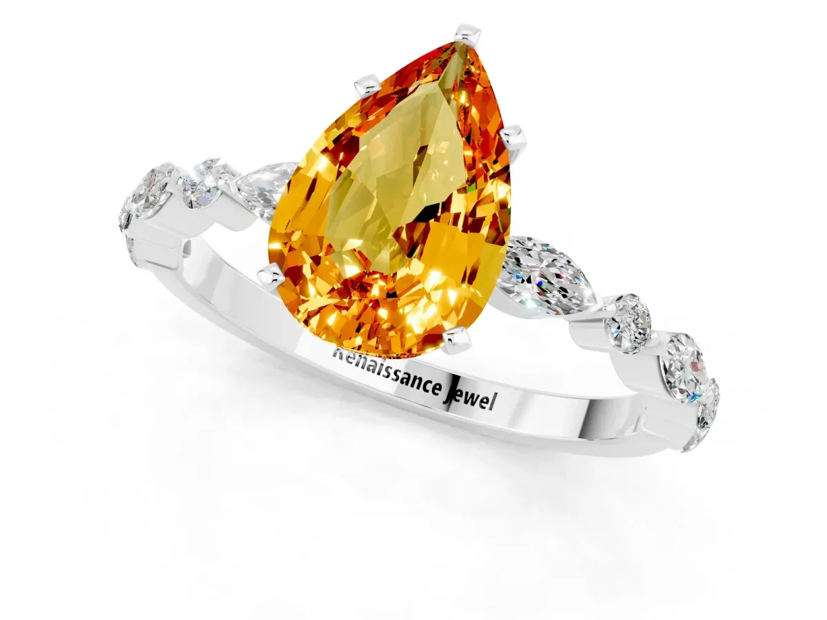 Pear Cut Citrine Ring with Marquise and Round Side Stones and Four-Prong Setting Silver
