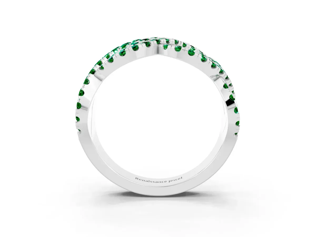 Pavé Round Emerald Infinity Twist Band with Shared Prong Setting Silver