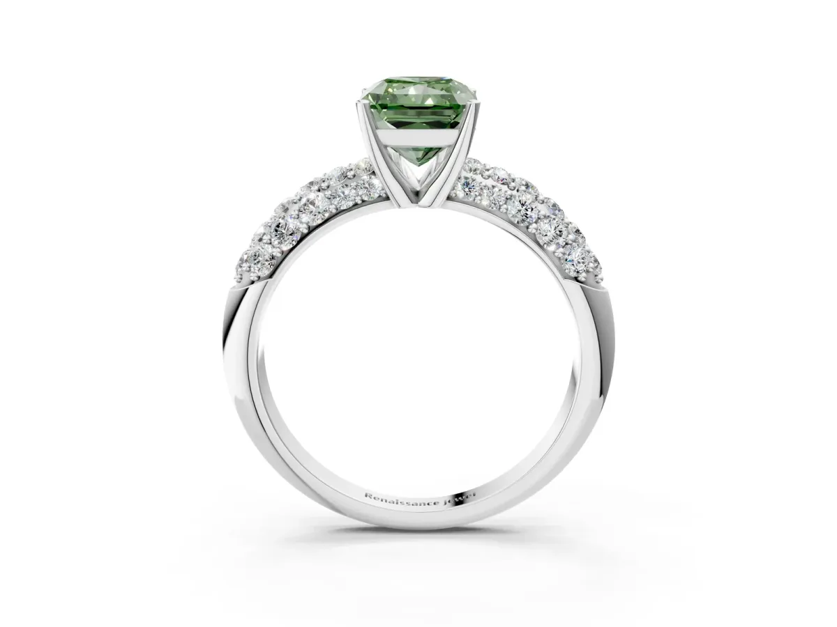 Fancy Green Radiant Cut Diamond Pavé Band Solitaire Ring with Four-Prong Setting Platinum