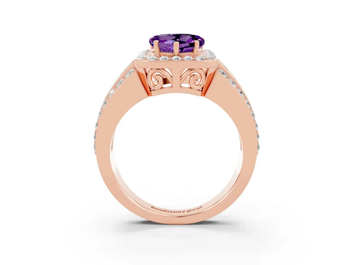 Heart Cut Halo Amethyst Ring with Round Split Shank and Prong Setting Rose gold