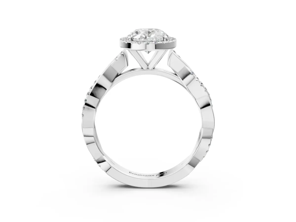 Oval Cut Cut Halo Twisted Band Four-Prong Ring White gold