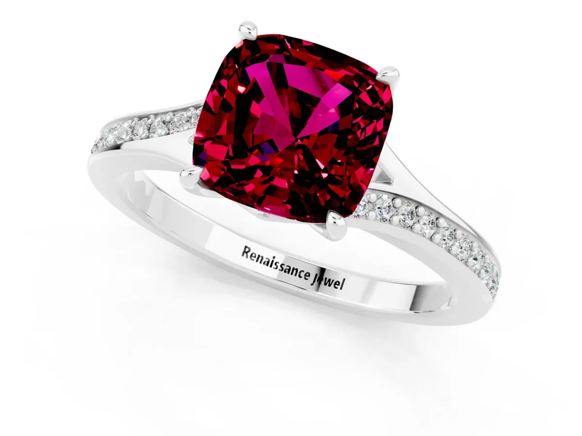 Cushion Cut Garnet Solitaire Ring with Pavé Band and Prong Setting Silver