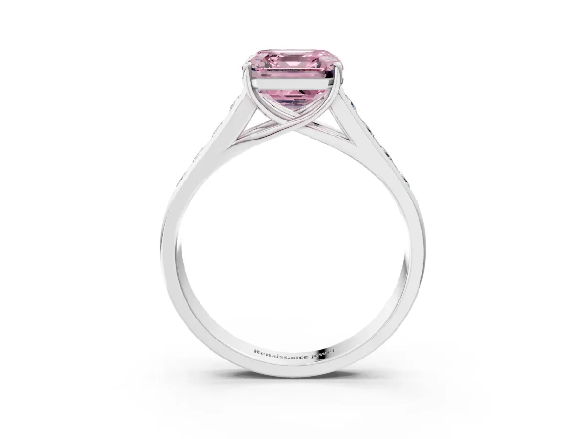 Fancy Pink Asscher Cut Brilliant Channel-Set Solitaire Ring with Four-Prong Setting Platinum