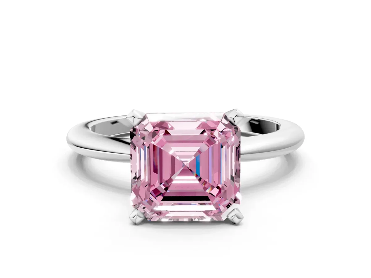 Fancy Pink Asscher Cut Diamond Solitaire Ring with Six-Prong Setting and Classic Band Silver