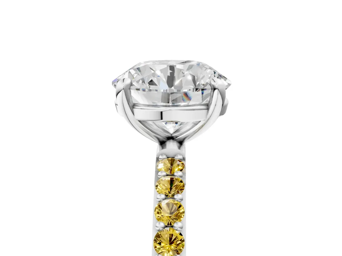 Round Cut Diamond Solitaire Ring with Round Yellow Sapphire Pavé Band and Prong Setting Silver