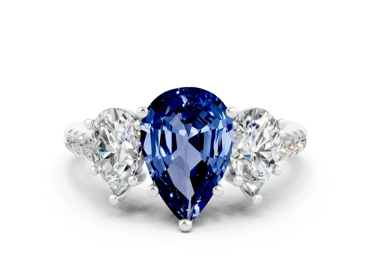 Three-Stone Pear Cut Blue Sapphire Ring with Round Pavé Band and Prong Setting Silver