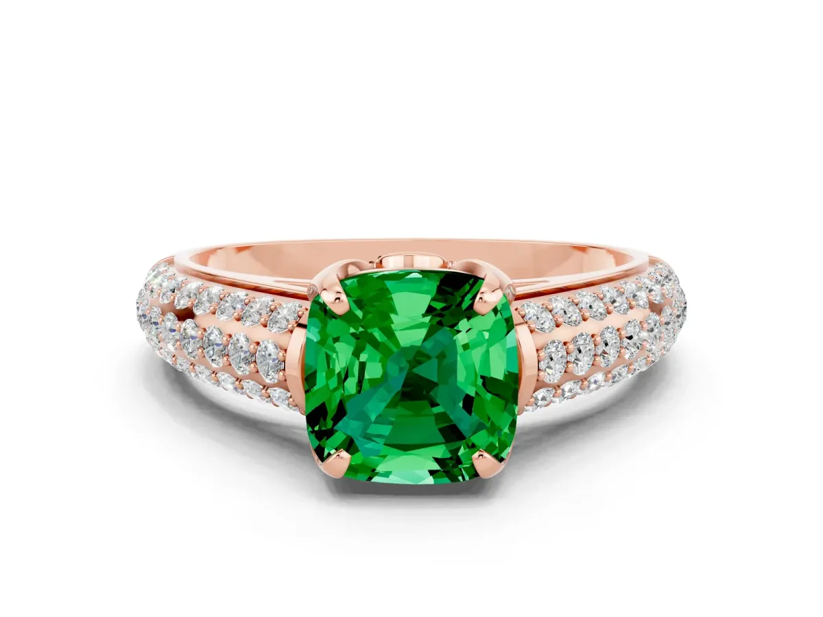 Cushion Cut Emerald Solitaire Ring with Three-Row Pavé Band and Four-Prong Setting Rose gold