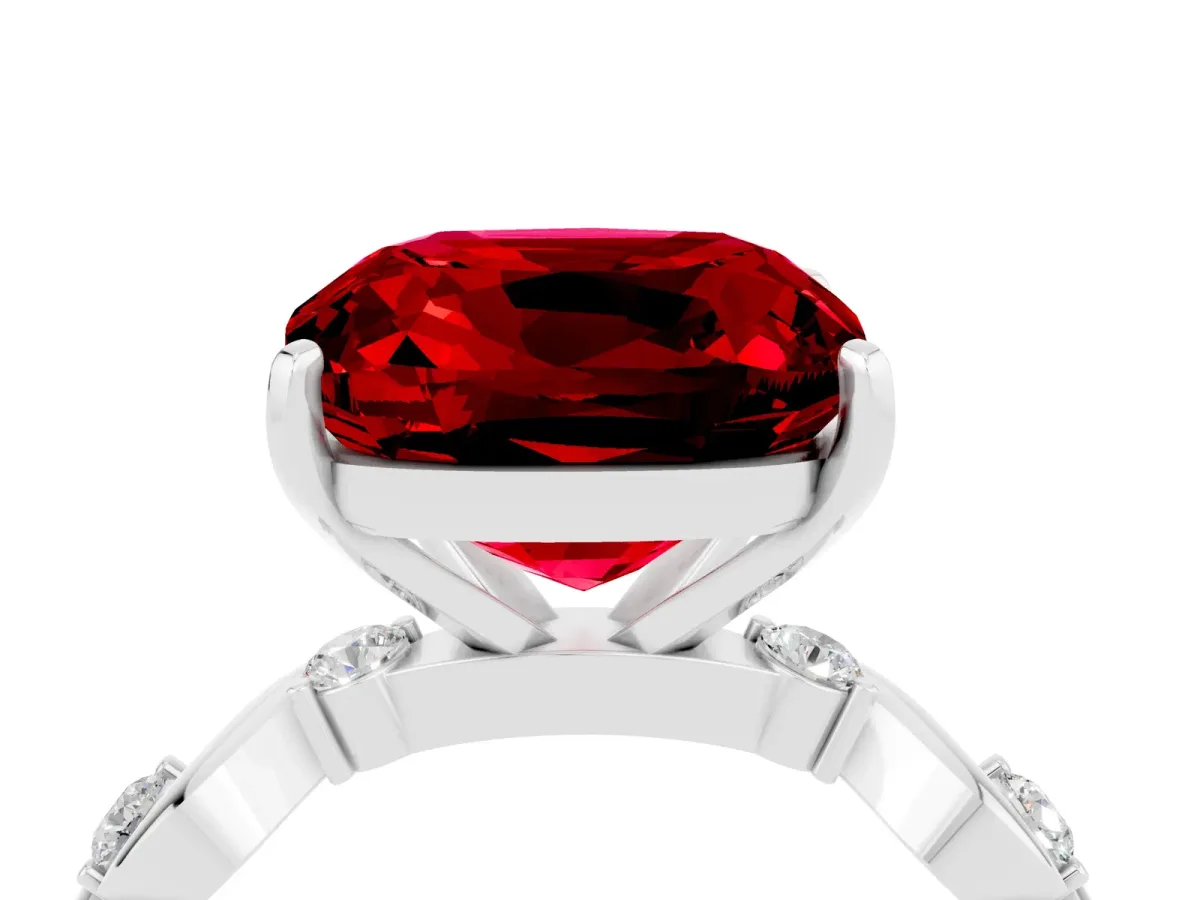 Cushion Cut Ruby Solitaire Twisted Band with Round Accents and Prong Setting Platinum