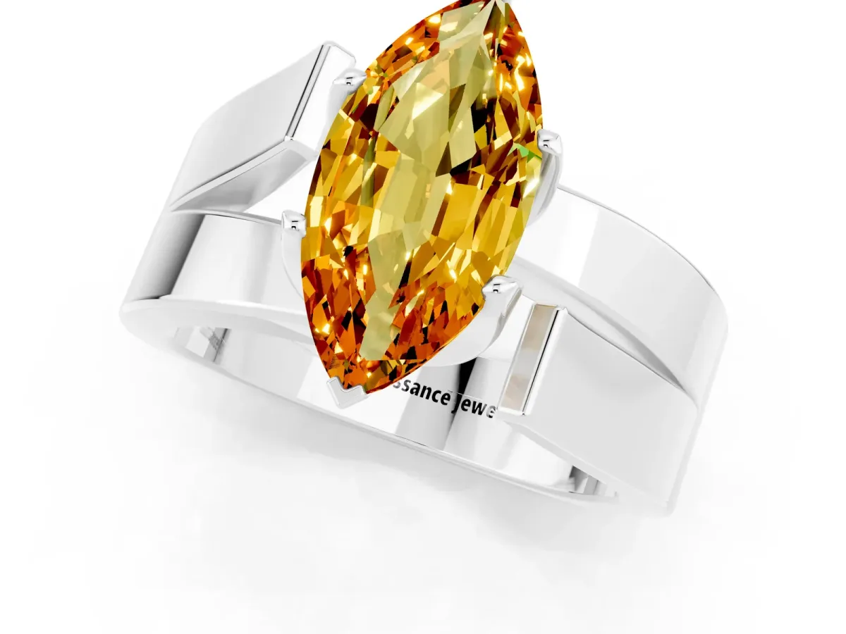 Modern Tension Set Marquise Cut Citrine Solitaire Wide Band Ring Silver