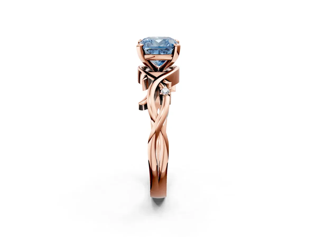 Fancy Blue Cushion Cut Diamond Solitaire Ring with Twisted Band and Prong Setting Rose gold