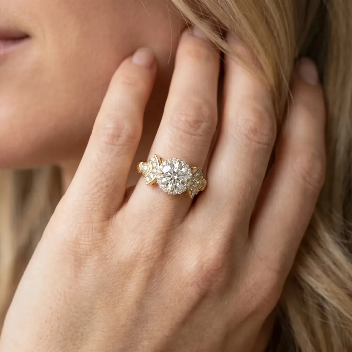 Round Cut Halo Diamond Split Shank Engagement Ring with Four-Prong Setting Yellow gold