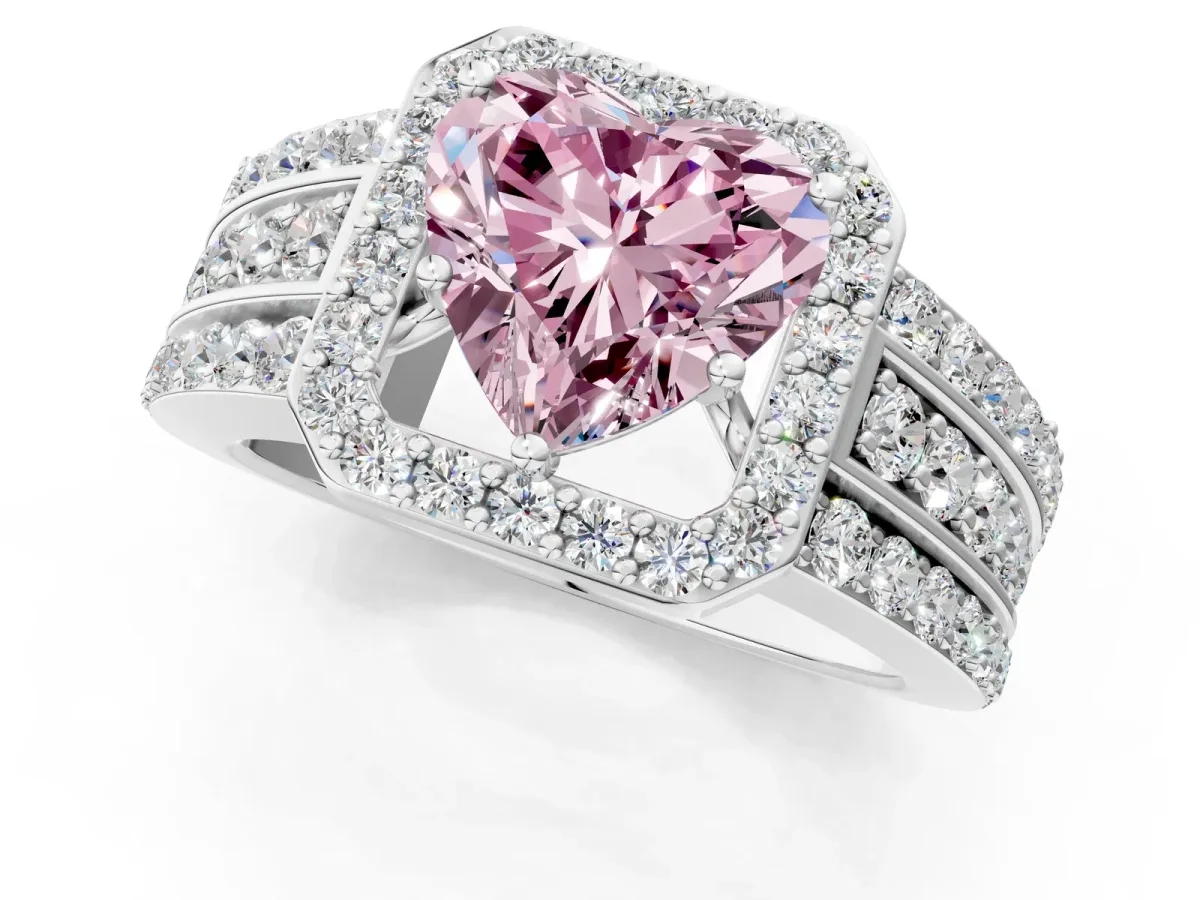 Fancy Pink Heart Cut Halo Diamond Ring with Round Split Shank and Prong Setting Platinum