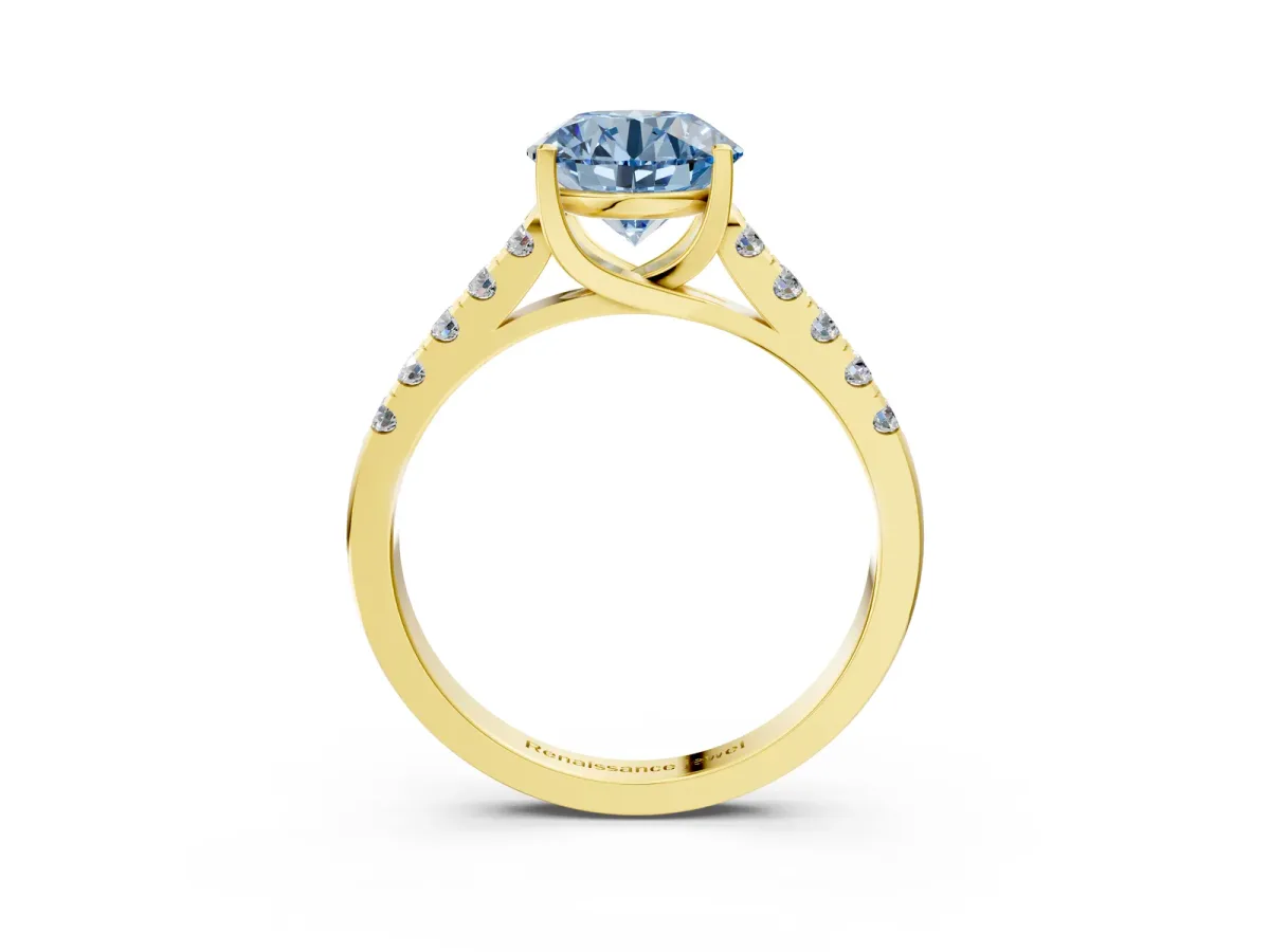 Fancy Blue Round Cut Diamond Pavé Band Solitaire Ring with Prong Setting Yellow gold
