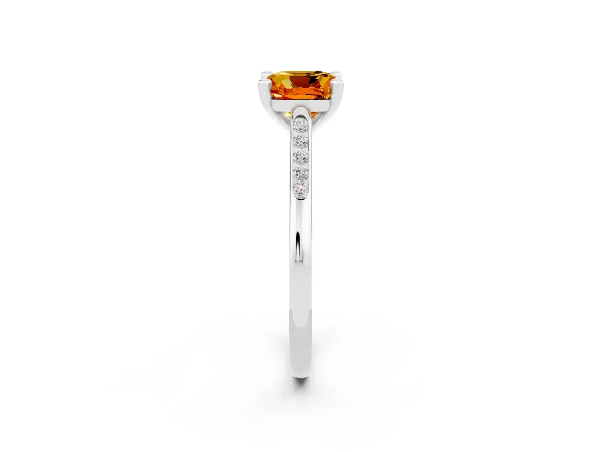 Cushion Cut Citrine Solitaire Ring with Channel Set Round Band and Prong Setting Silver