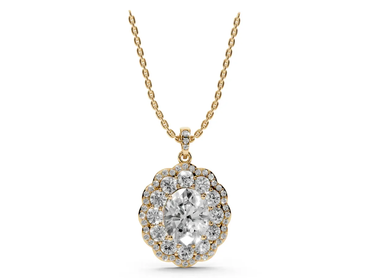 Oval Diamond Floral Halo Pendant with Diamond Accents Yellow gold