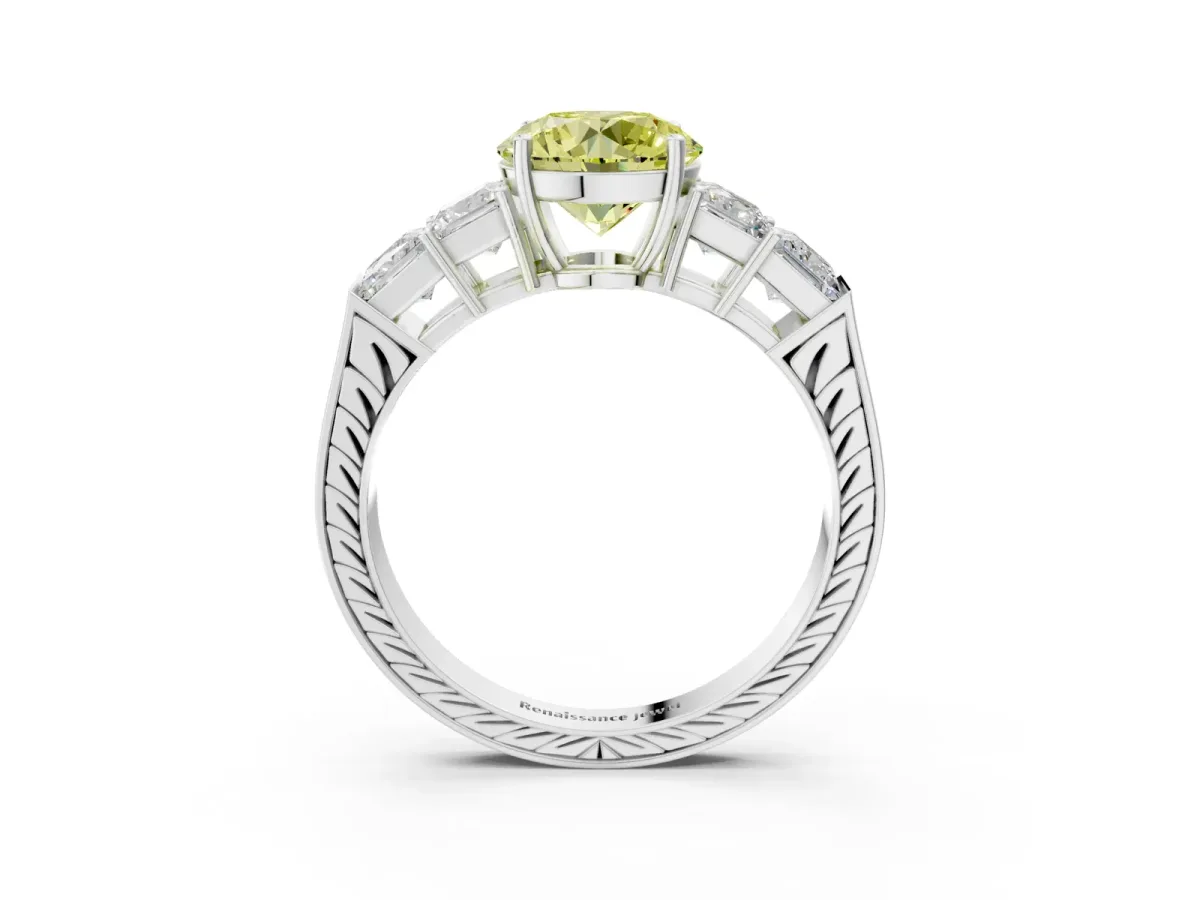 Fancy Yellow Round Cut Solitaire Princess Side Stone Engraved Band Prong Setting Ring Platinum