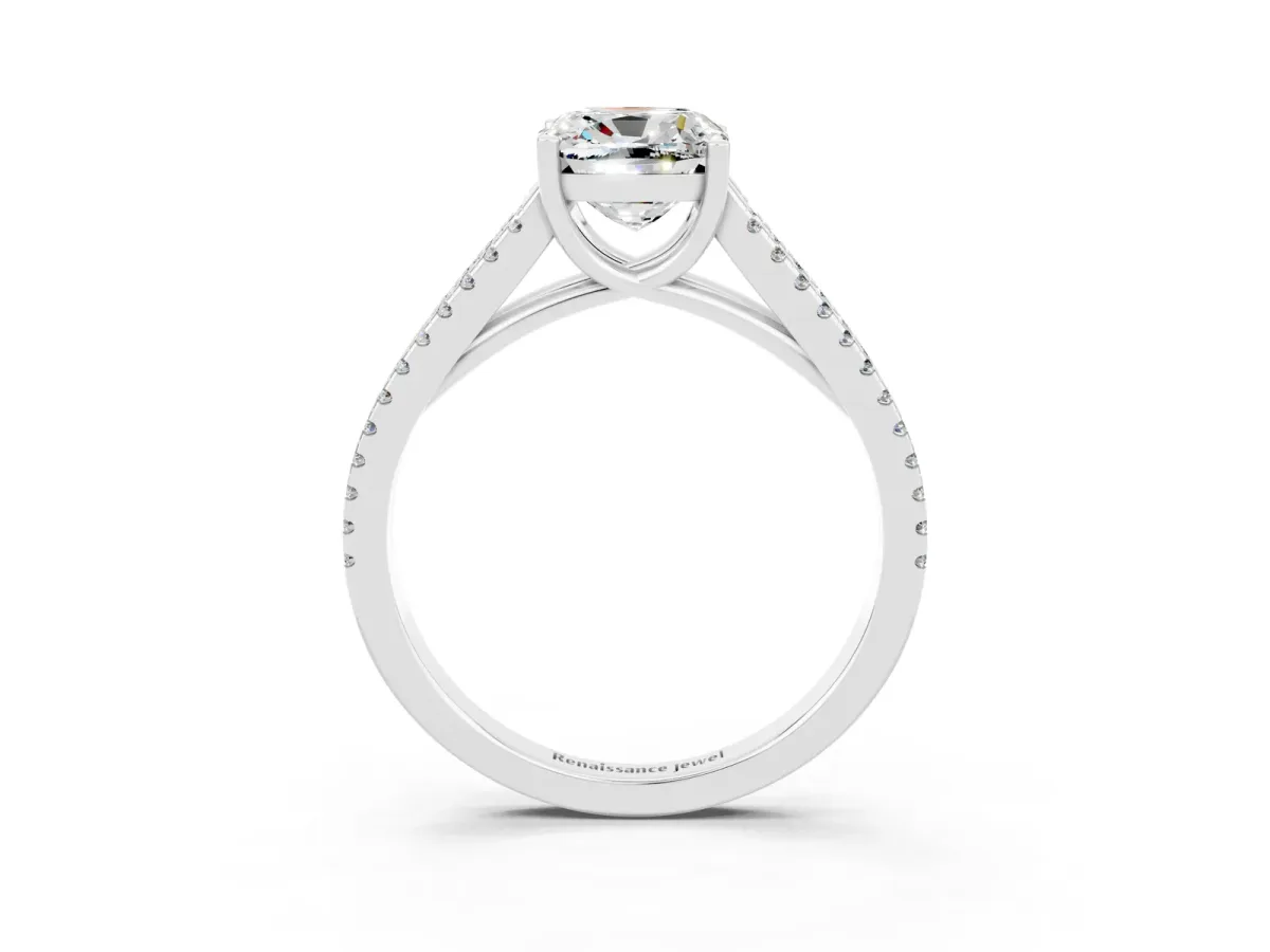 Cushion Cut Moissanite Solitaire Engagement Ring with Split Shank Pavé Band Silver