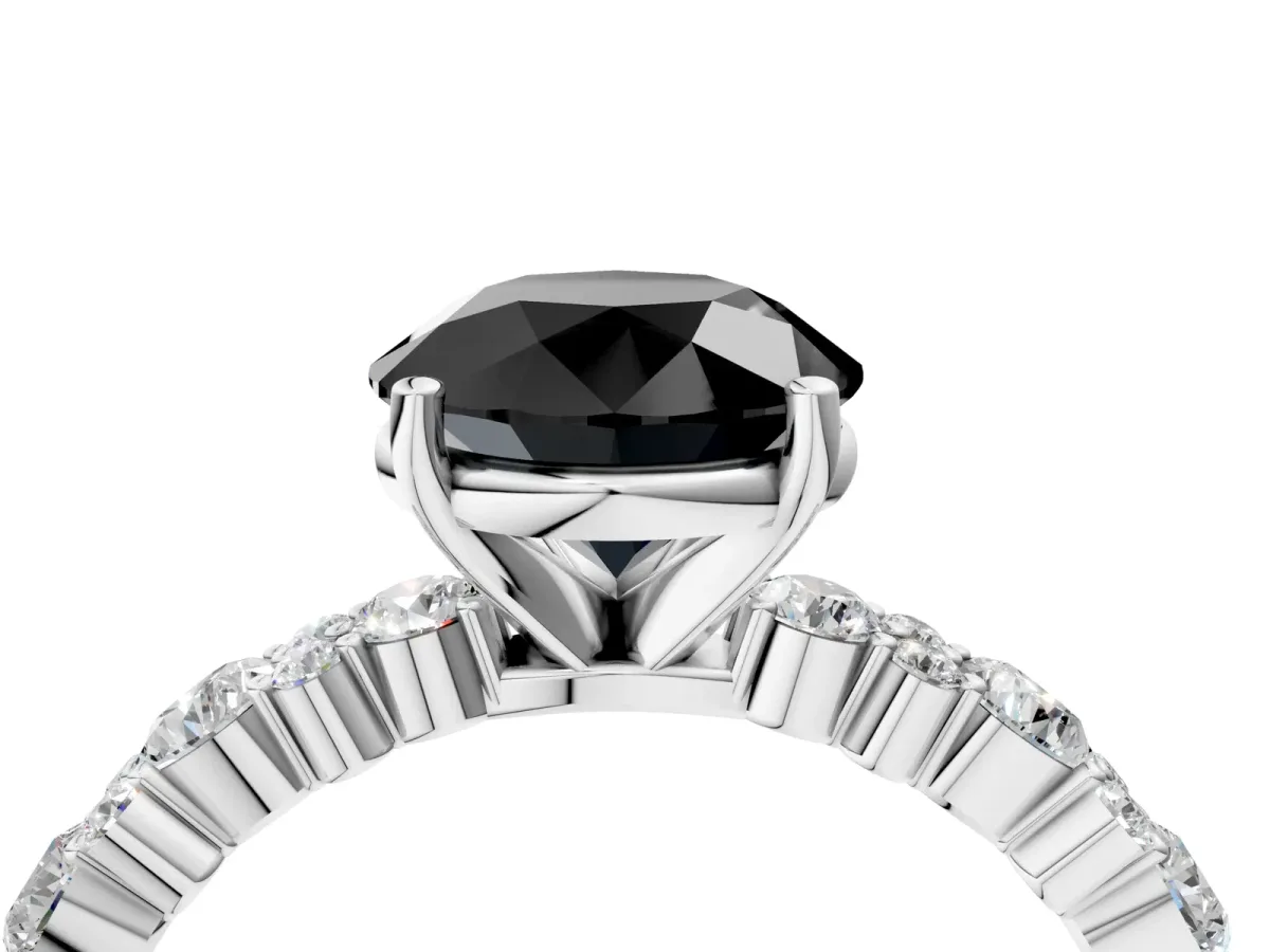 Fancy Black Round Cut Diamond Side Stone Solitaire Ring with Round and Four-Prong Setting Platinum