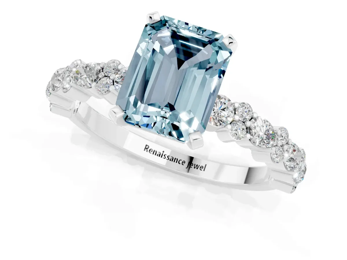 Emerald Cut Aquamarine Side Stone Solitaire Ring with Round and Four-Prong Setting Silver