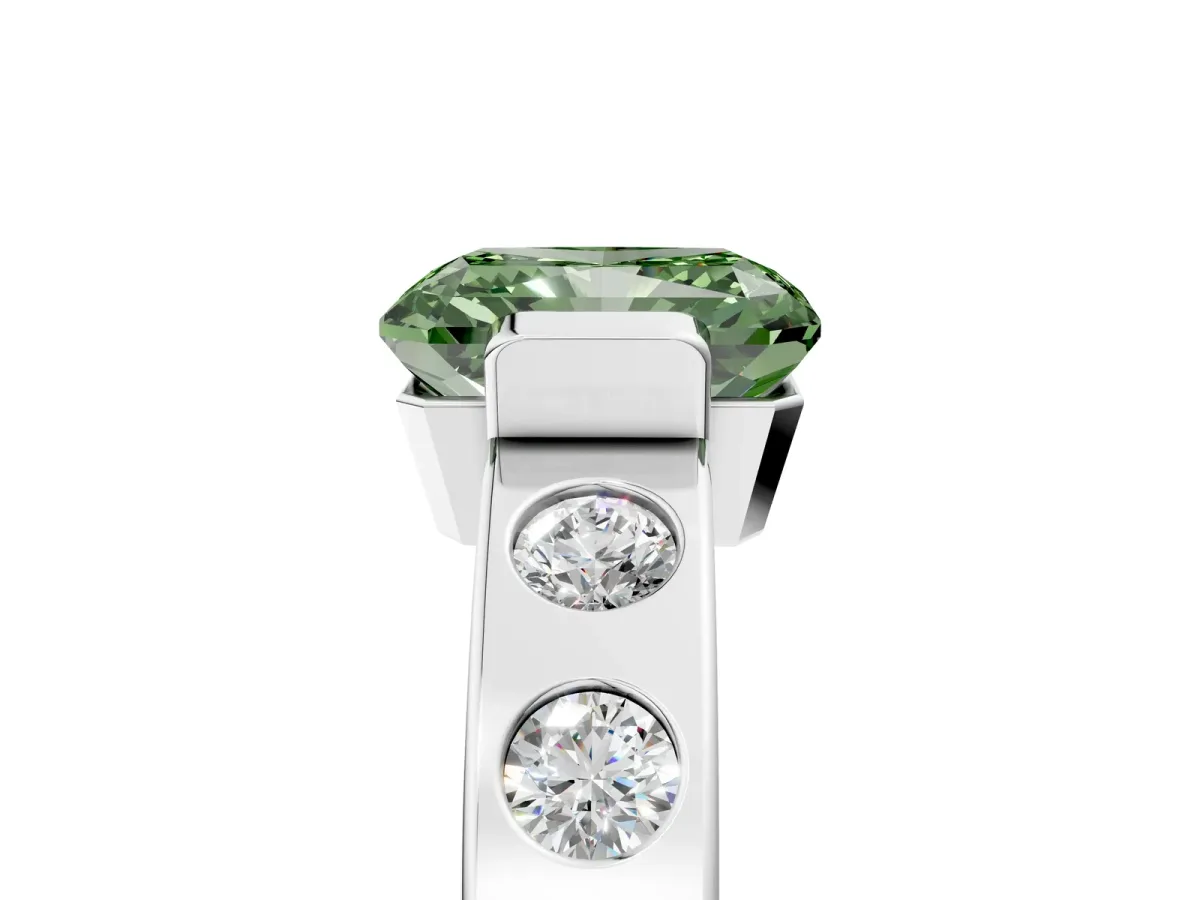 Fancy Green Radiant Cut Brilliant Channel-Set Diamond Ring with Bezel Prong Setting Platinum