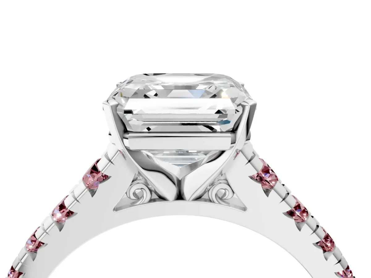Asscher Cut Diamond Cathedral Solitaire Ring with Round Morganite Pavé Band Silver
