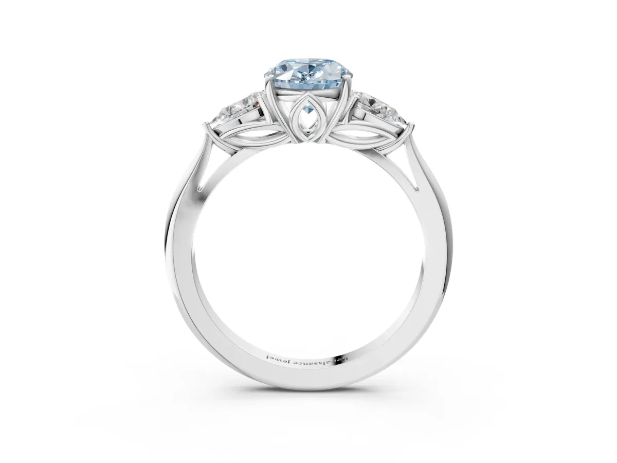 Fancy Blue Three-Stone Oval Cut Diamond Ring with Pear Side Stones in Four-Prong Setting White gold