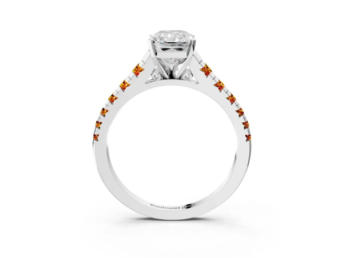 Radiant Cut Diamond Cathedral Solitaire Ring with Round Citrine Pavé Band Silver