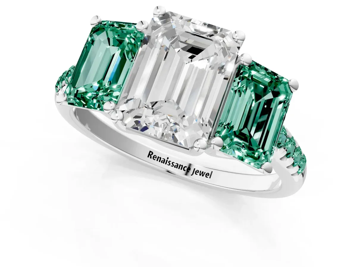 Three-Stone Emerald Cut Diamond Ring with Round Green Sapphire Pavé Band and Prong Setting Silver