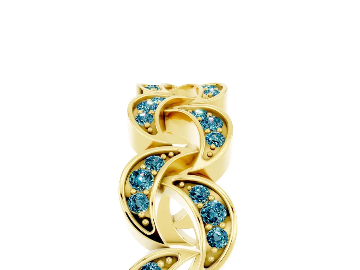 Pavé Round Blue Topaz Interlocking Eternity Band with Bezel Prong Setting Yellow gold
