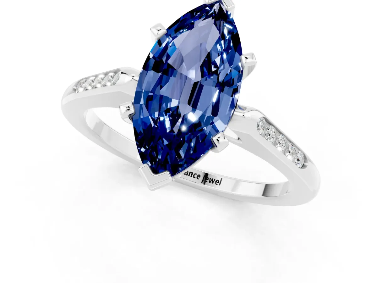 Marquise Cut Blue Sapphire Solitaire Ring with Channel Set Round Band and Prong Setting Silver