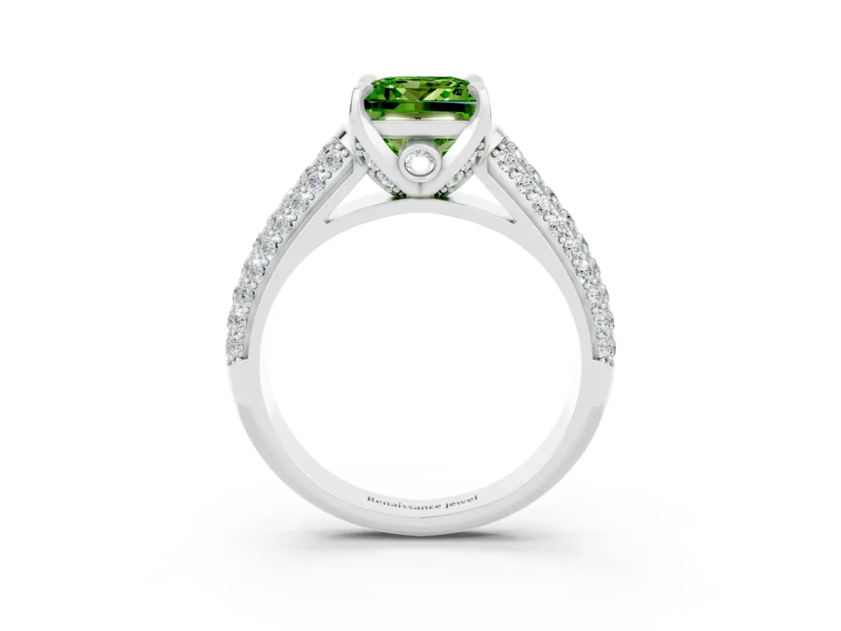 Princess Cut Peridot Solitaire Ring with Three-Row Pavé Band and Four-Prong Setting Platinum