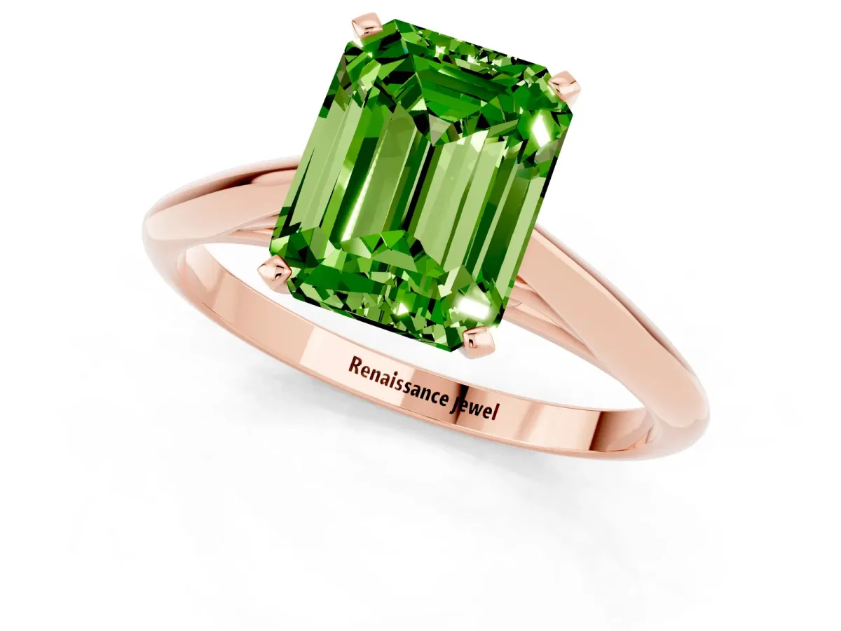 Emerald Cut Peridot Solitaire Engagement Ring with Cathedral Setting and Four-Prong Mount Rose gold
