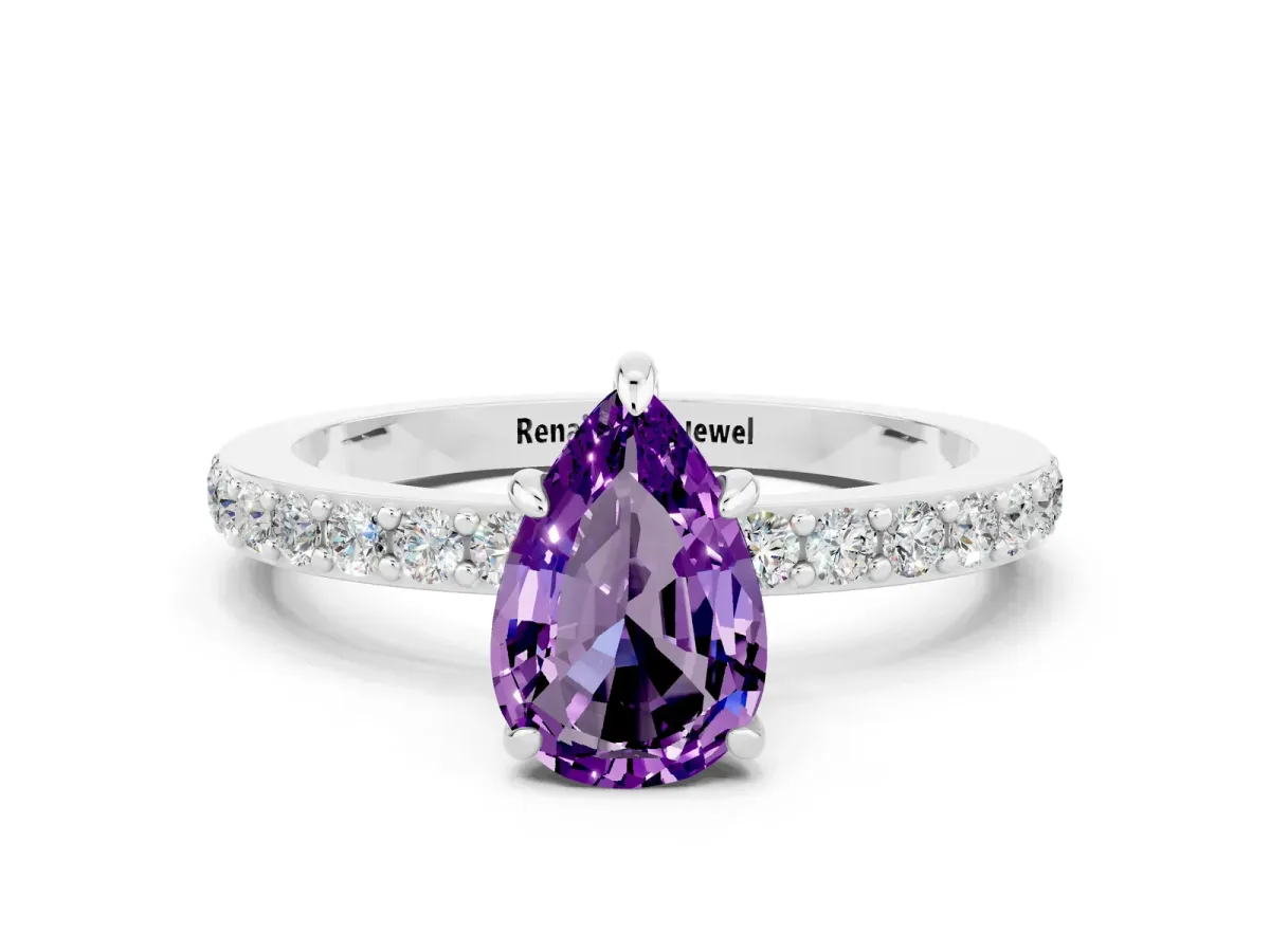 Pear Cut Amethyst Solitaire Engagement Ring with Pavé Band and Four-Prong Setting Silver