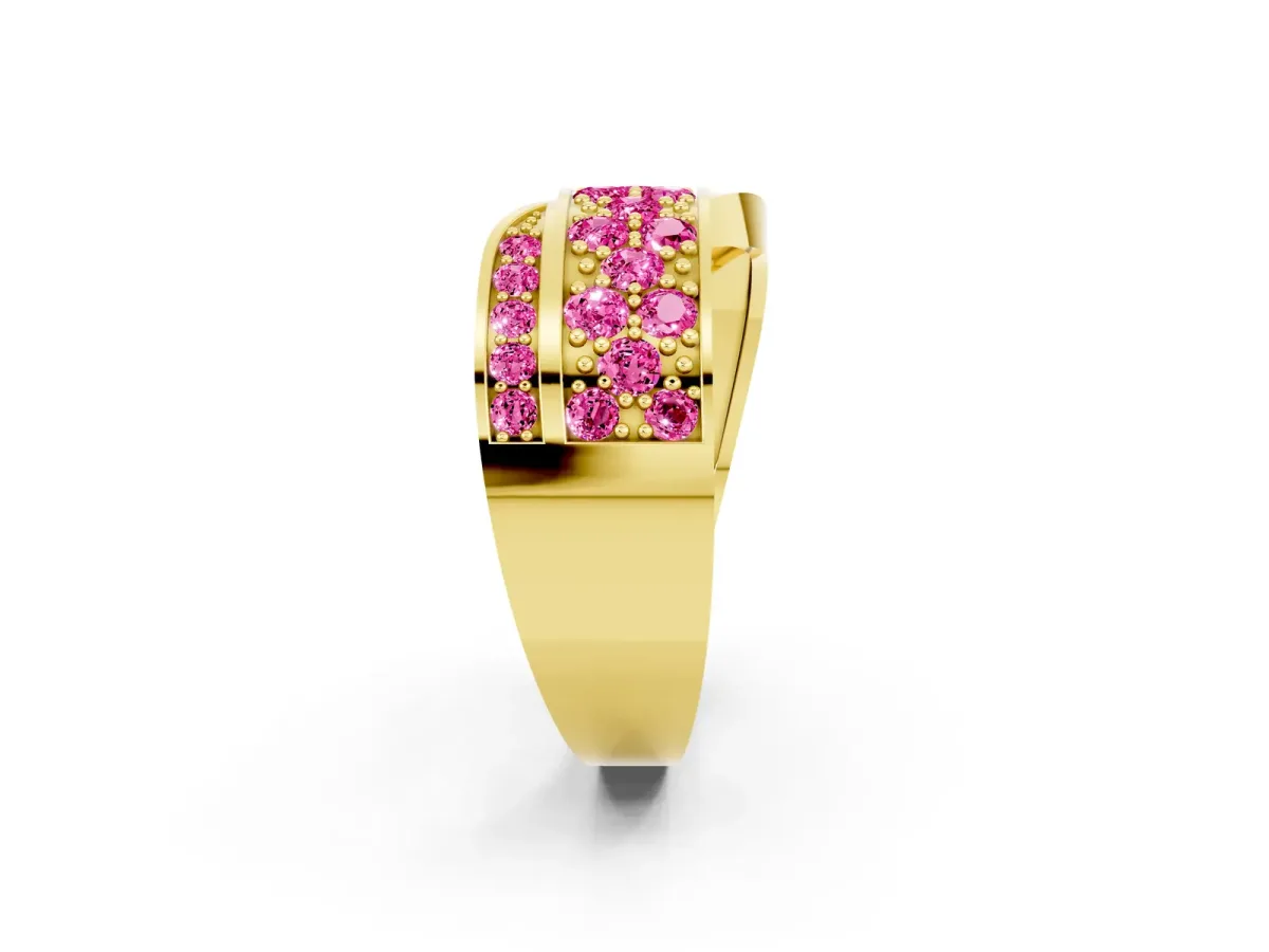 Pavé Round Pink Sapphire Crossover Band with Bead Prong Setting Yellow gold
