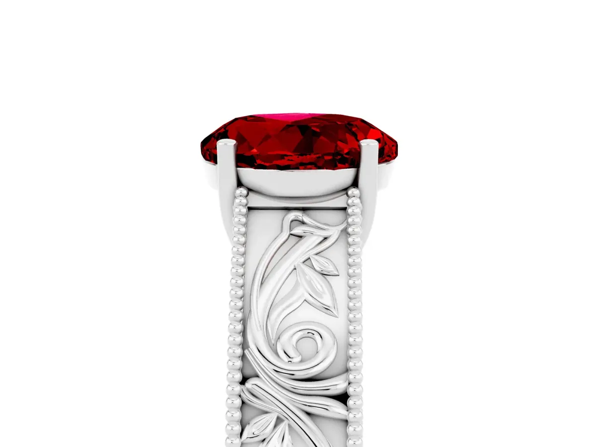 Round Cut Ruby Solitaire Ring with Engraved Band and Four-Prong Setting White gold