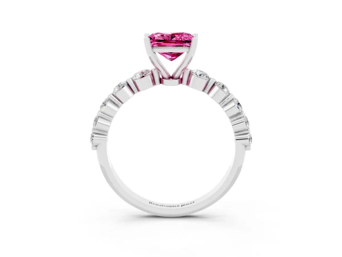 Princess Cut Solitaire Pink Sapphire Ring with Pave Band and Four-Prong Setting Silver