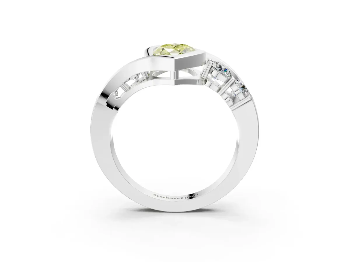 Fancy Yellow Bezel Set Marquise Cut Diamond Bypass Ring with Round Accents Silver