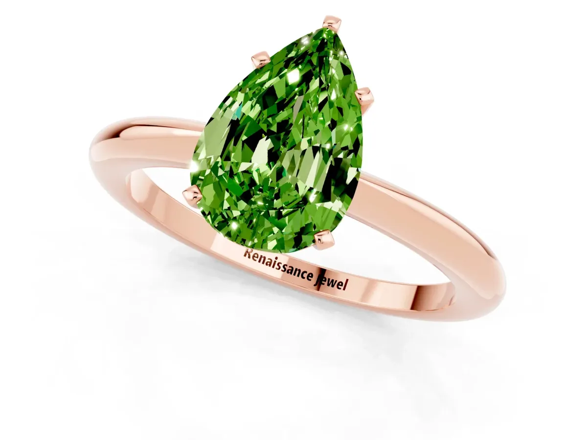 Pear Cut Peridot Solitaire Ring with Six-Prong Setting and Classic Band Rose gold