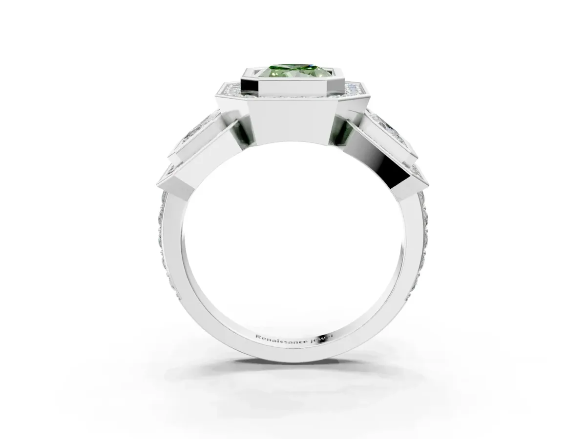 Fancy Green Three-Stone Radiant Cut Halo Pavé Diamond Ring Platinum