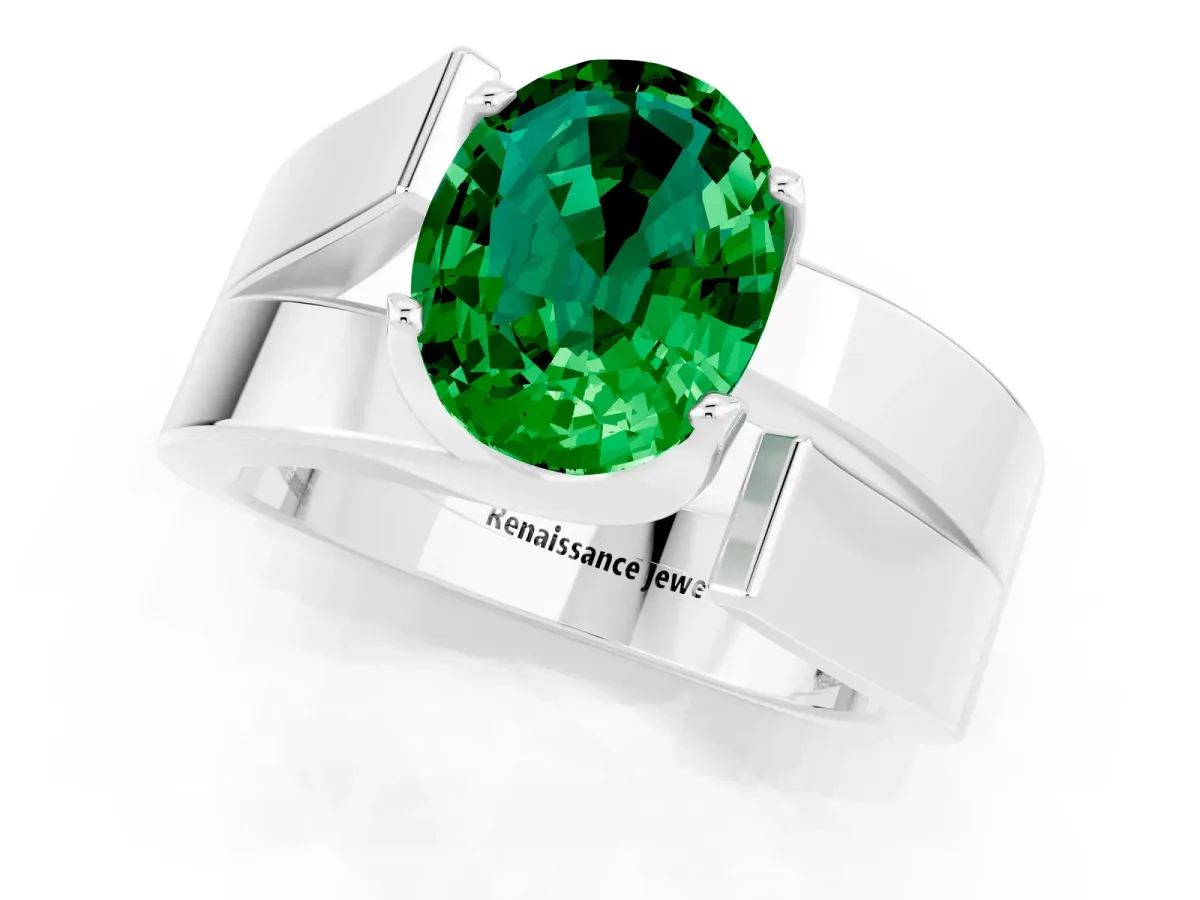 Modern Tension Set Oval Cut Emerald Solitaire Wide Band Ring Silver