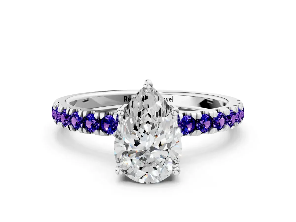 Pear Cut Diamond Pave Band Solitaire Ring with Round Tanzanite and Prong Setting Platinum