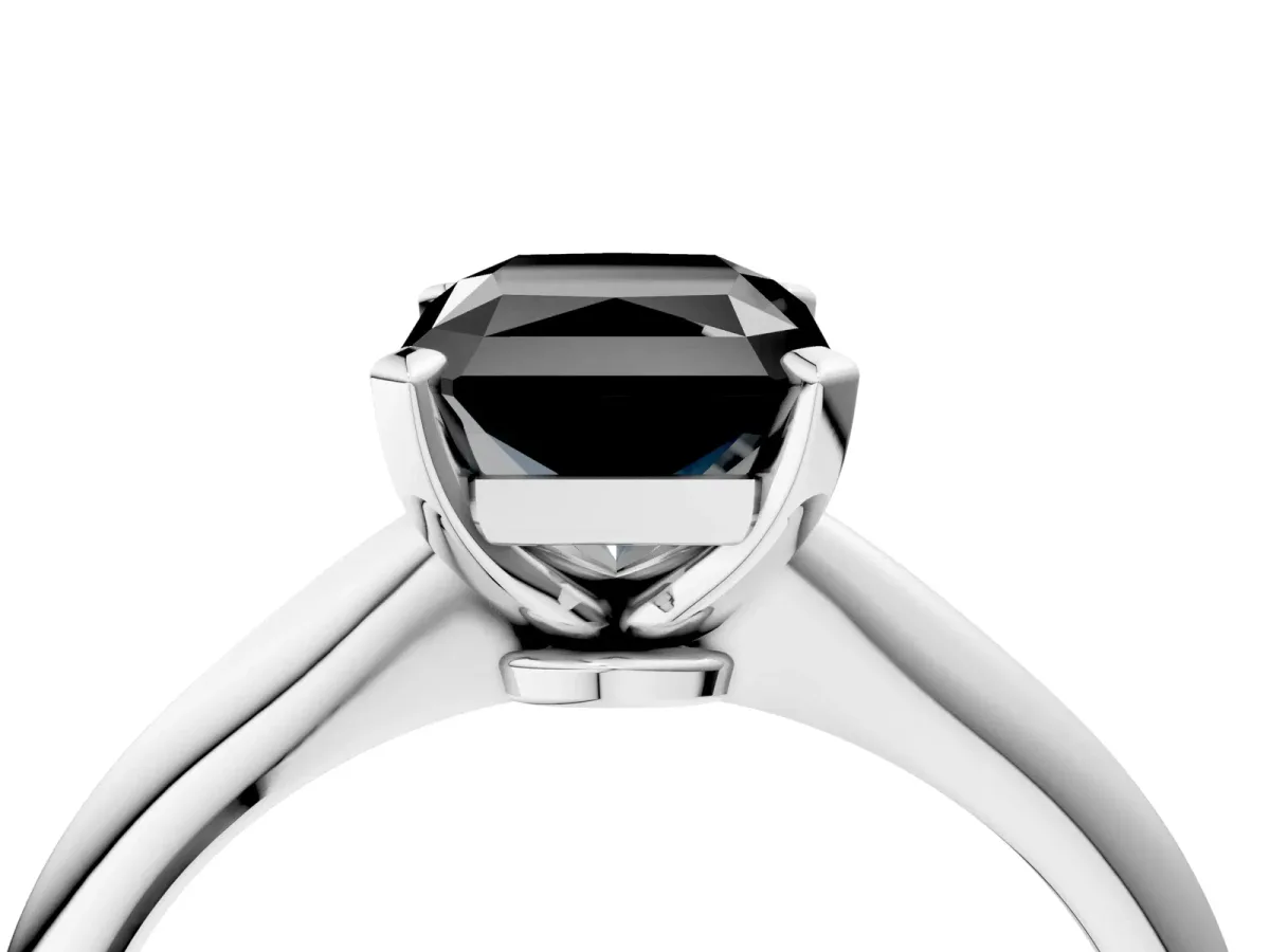 Fancy Black Radiant Cut Diamond Solitaire Engagement Ring with Classic Band and Four-Prong Setting Silver